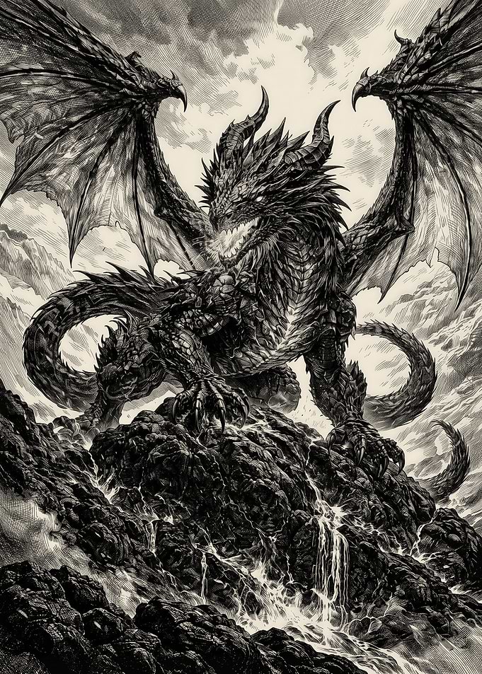 Intricate Black and White Dragon Illustration