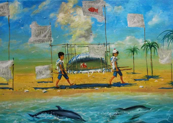 Boys Carrying Whale on Beach