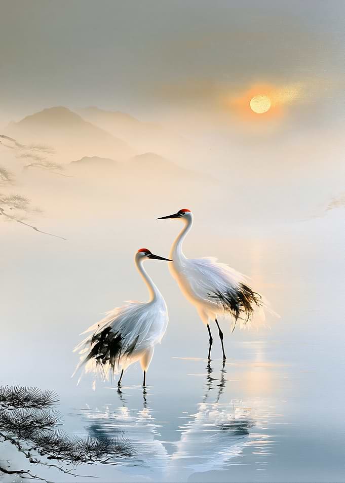 Two Cranes in Misty Sunrise