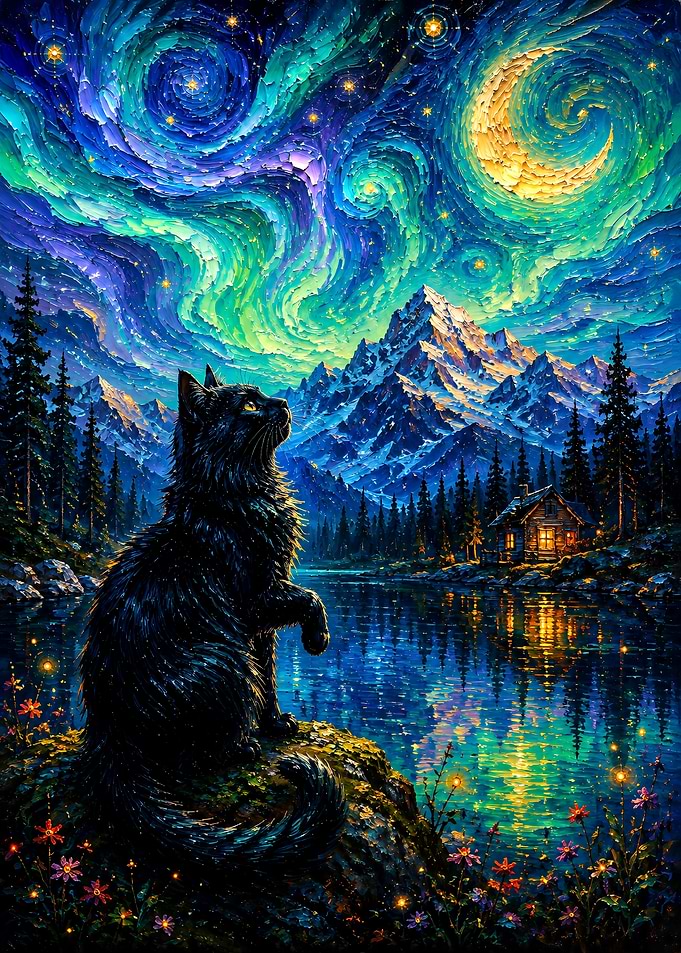 Black Cat Under Starry Night Sky