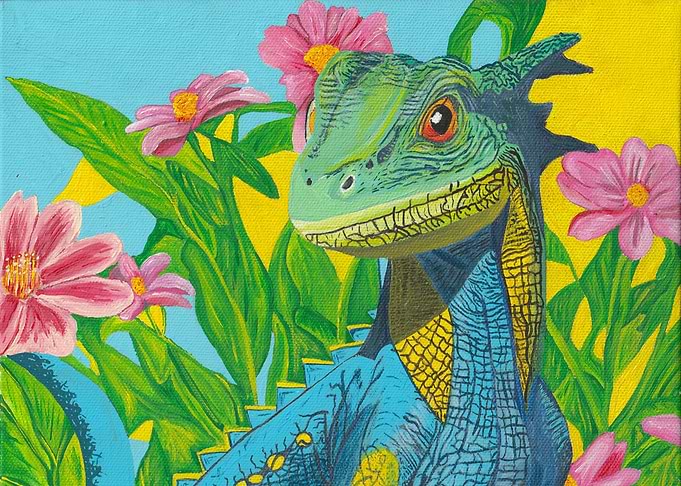 Colorful Lizard Among Pink Flowers