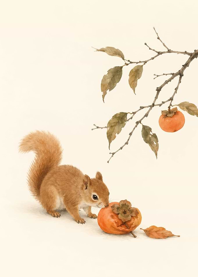 Squirrel with Persimmon Watercolor Illustration