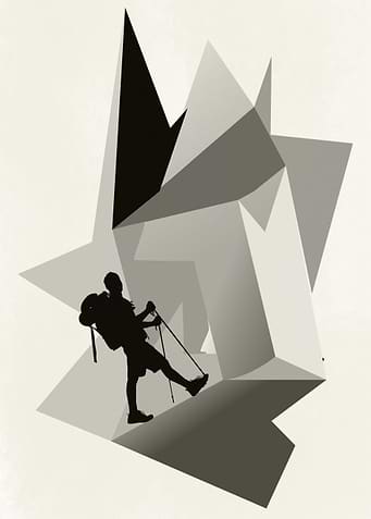 Minimalist Hiker Silhouette on Geometric Mountains
