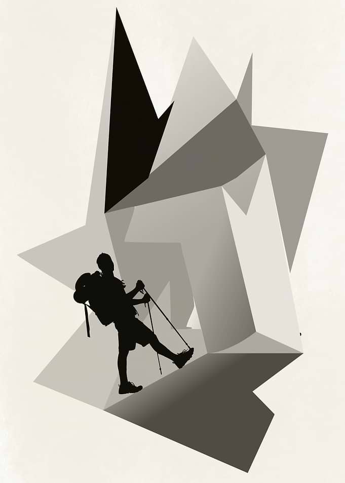 Minimalist Hiker Silhouette on Geometric Mountains
