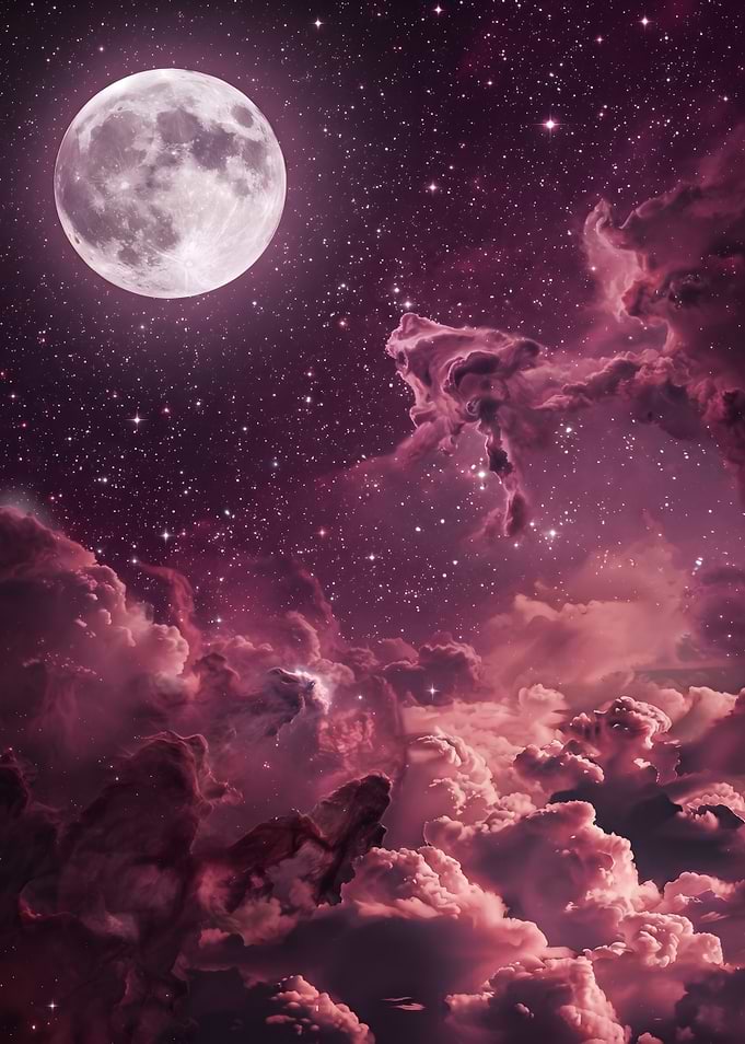 Full Moon Over Pink Nebula Clouds