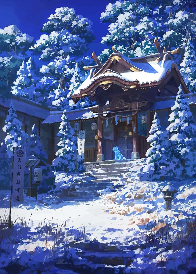 Snowy Japanese Shrine at Night