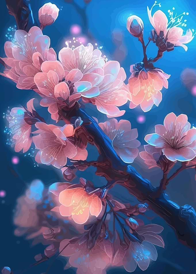 Glowing Pink Cherry Blossoms at Night