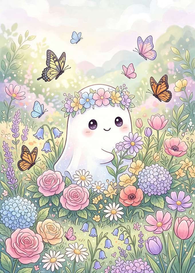 Cute Ghost in a Flower Garden