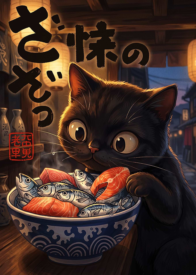 Cute Black Cat Eating Fresh Sashimi