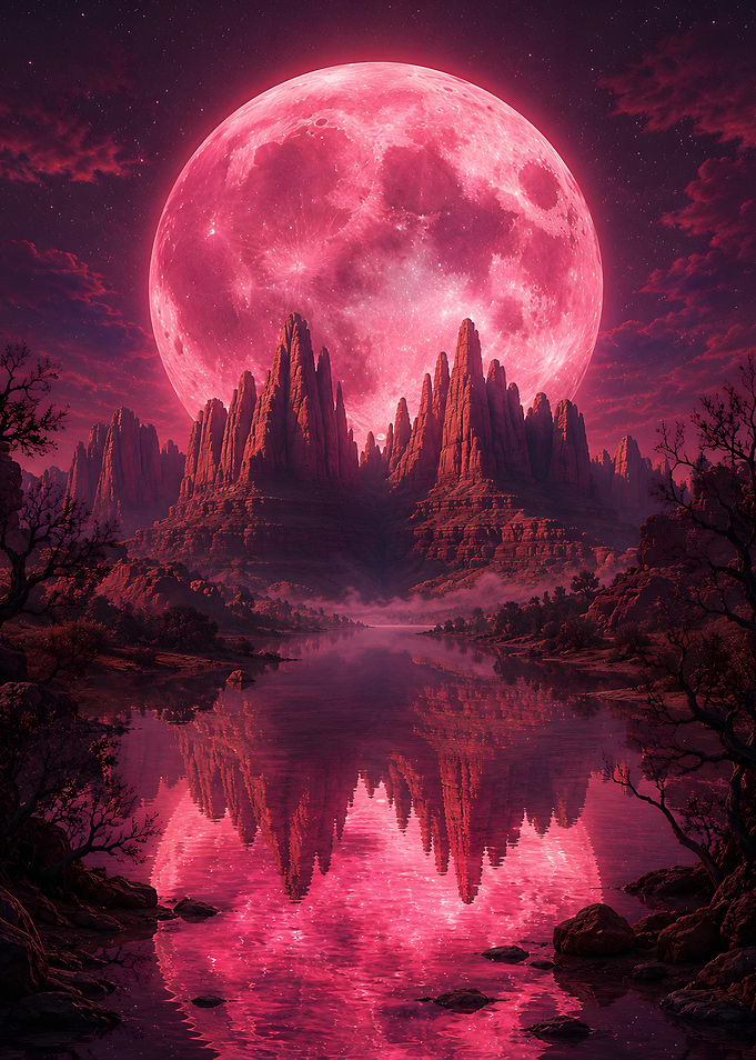 Giant Pink Moon Over Desert Mountains