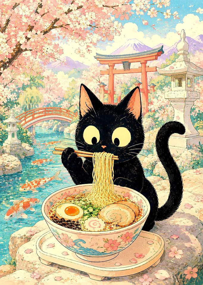 Black Cat Eating Ramen in Japan