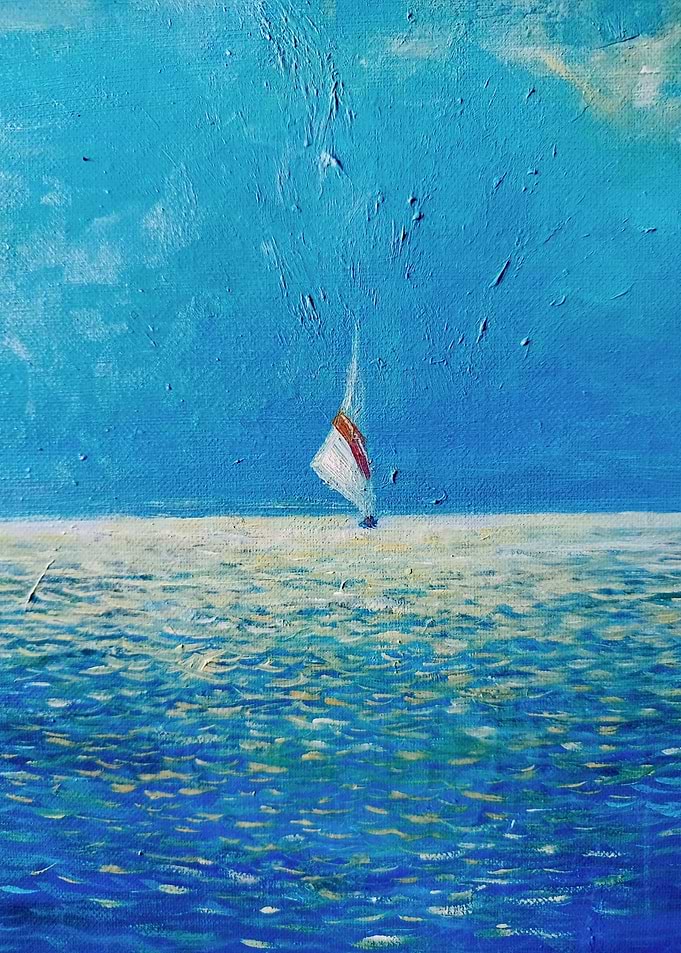 Small Sailboat on Vast Blue Ocean