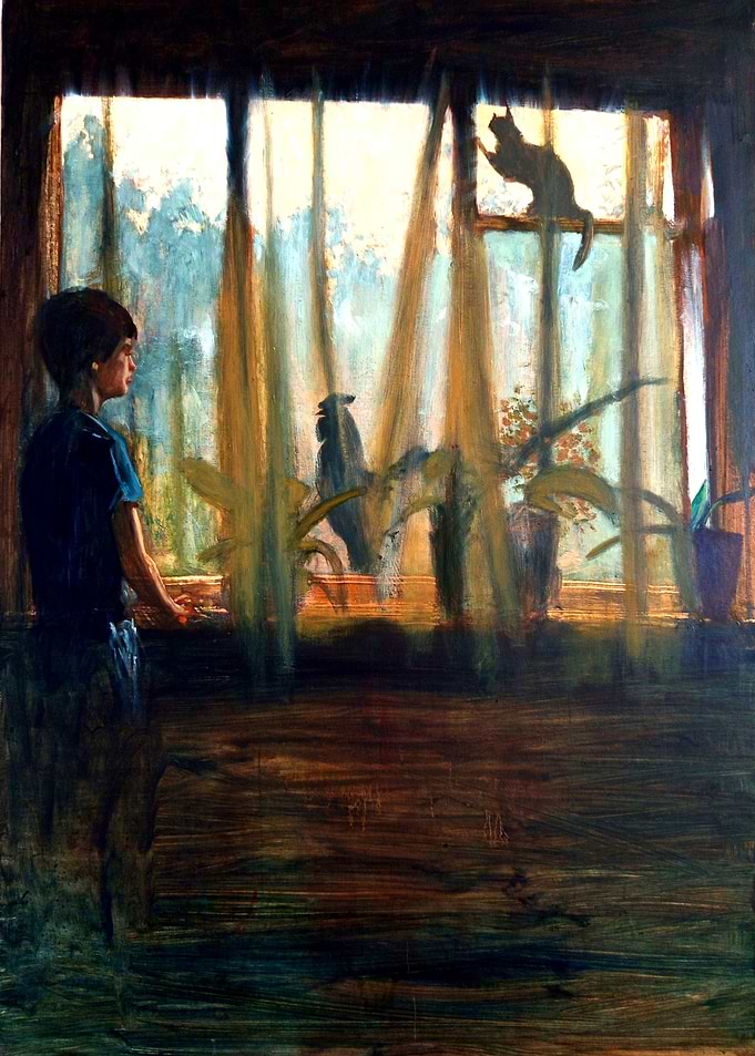 Child Watching Cat at Window