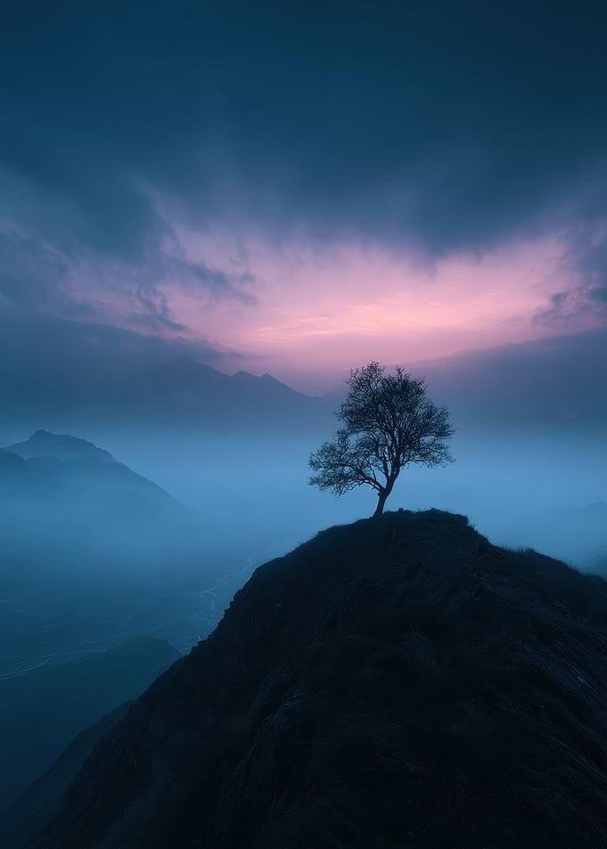 Lonely Tree on Misty Mountain Peak
