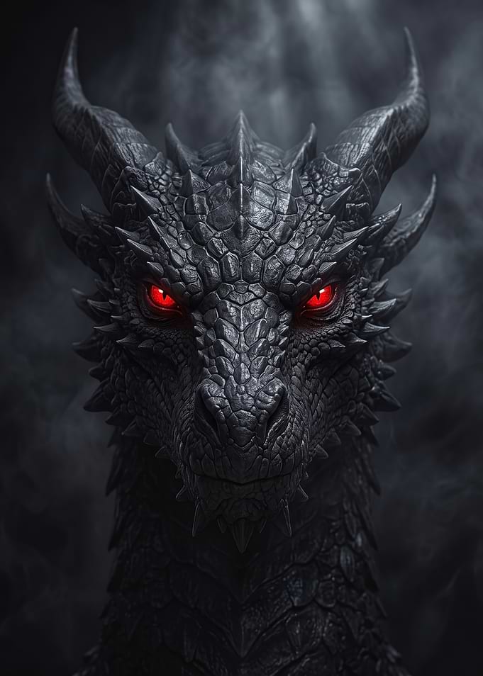 Fierce Black Dragon with Glowing Eyes