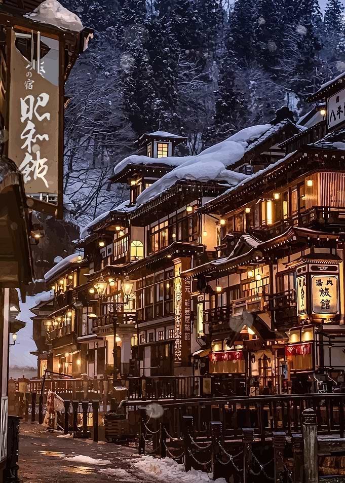 Snowy Ginzan Onsen Village at Night