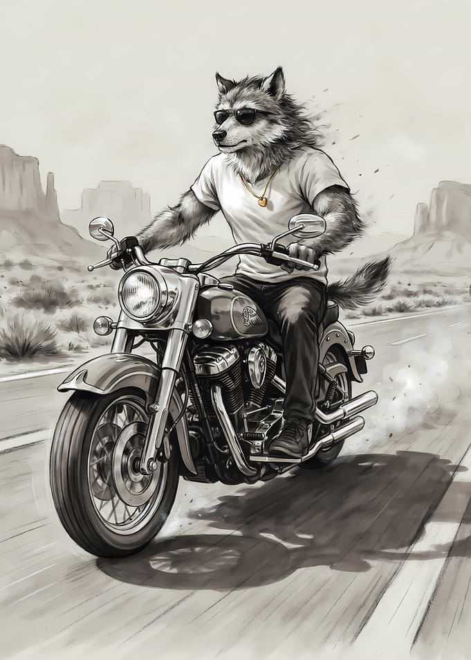 Wolf Biker Riding Through Desert