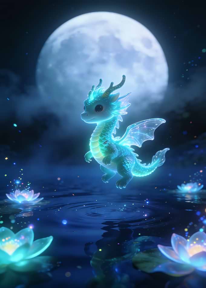 Glowing Baby Dragon Over Water