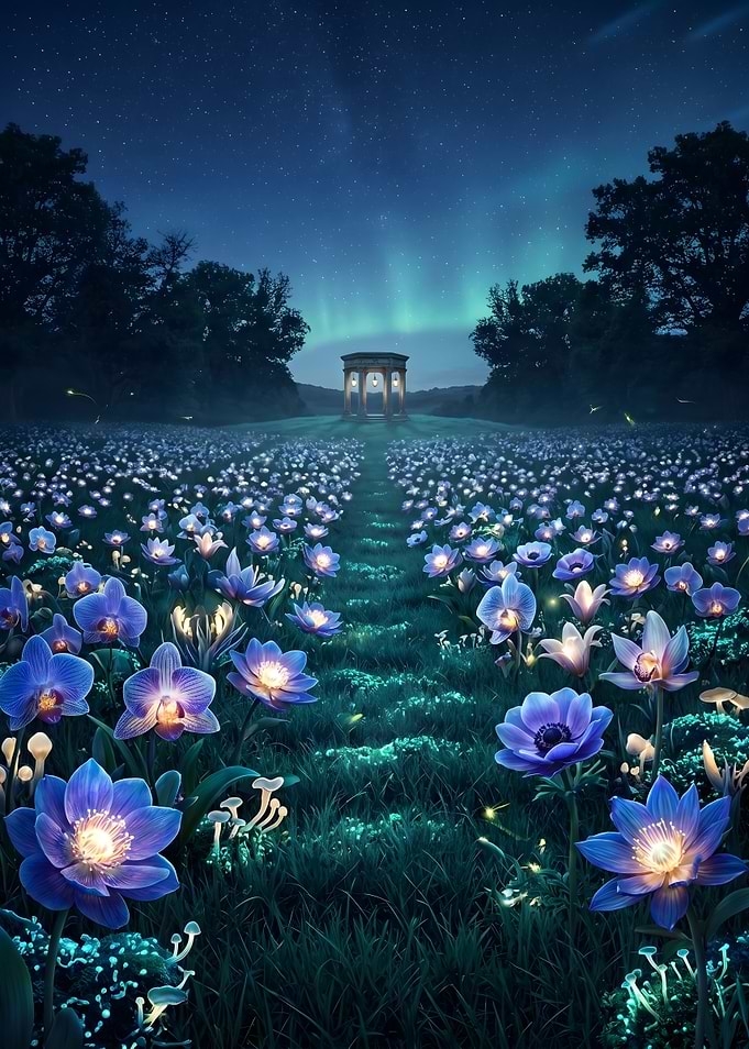Glowing Blue Flower Field at Night