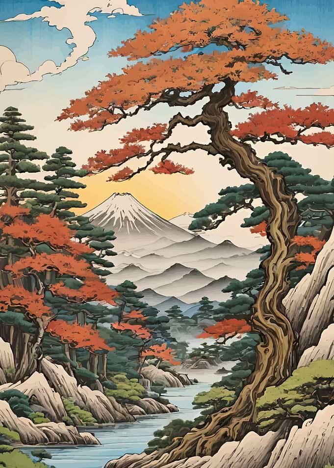 Mount Fuji and Autumn Pine Landscape