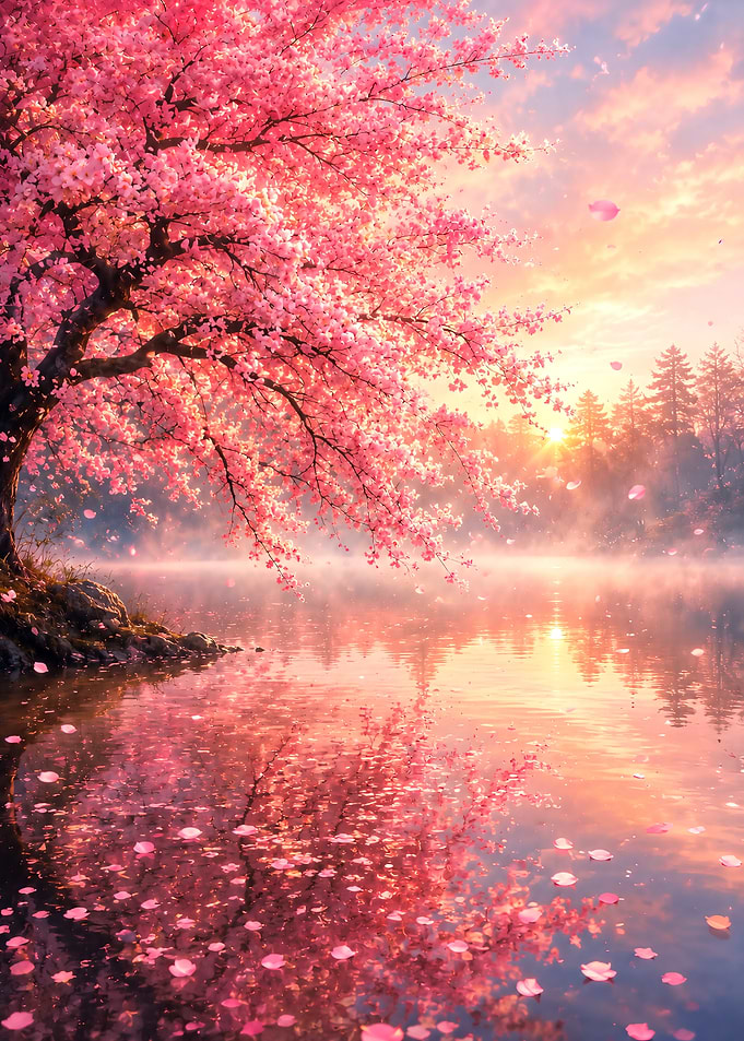Cherry Blossom Tree by Misty Lake