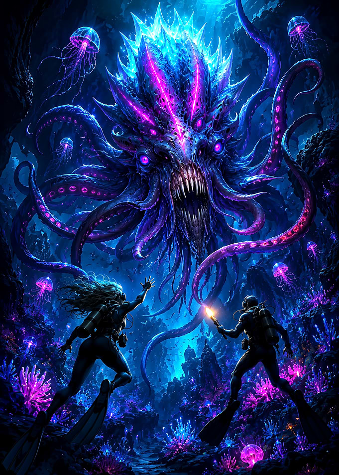 Subnautica Divers Encountering Bioluminescent Deep Sea Monster
