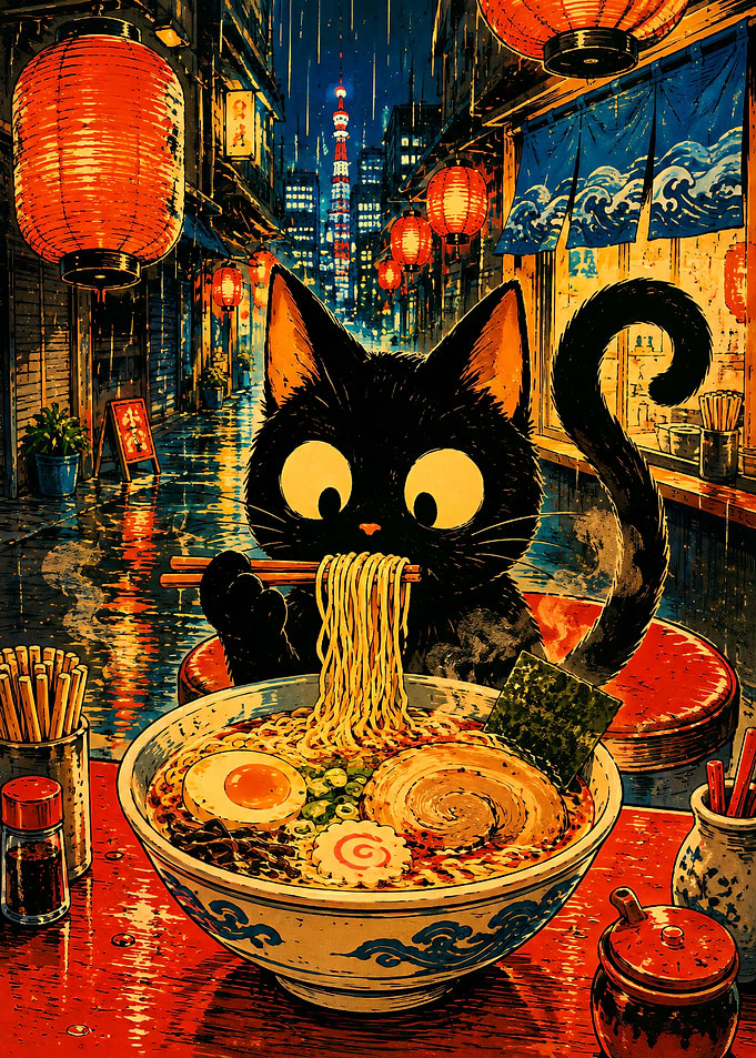 Black Cat Eating Ramen in Tokyo