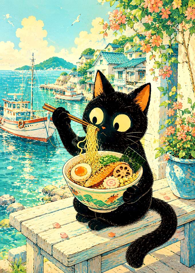Black Cat Eating Ramen by Sea