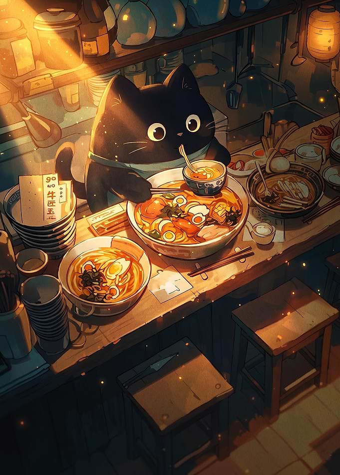 Cute Black Cat Eating Ramen