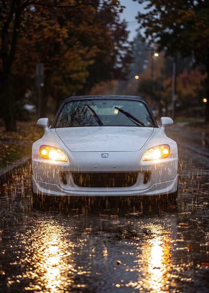 White Honda S2000 in the Rain