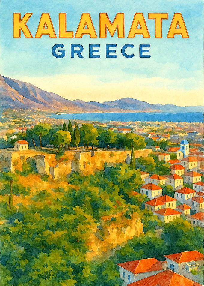 Kalamata Greece Vintage Travel Poster | Watercolor Mediterranean City Wall Art