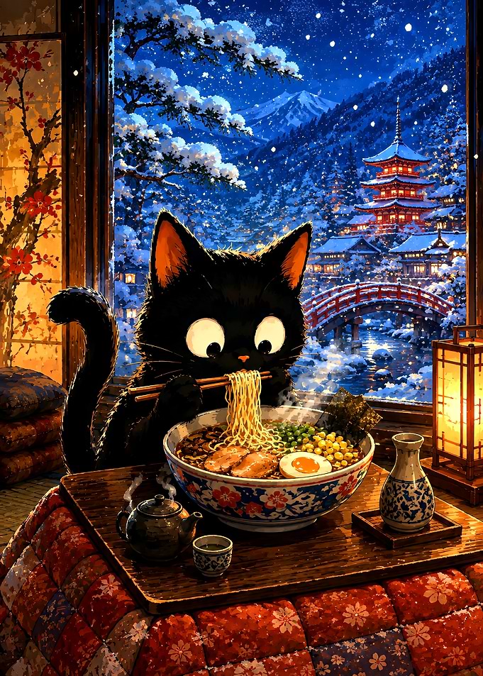 Black Cat Eating Ramen in Winter