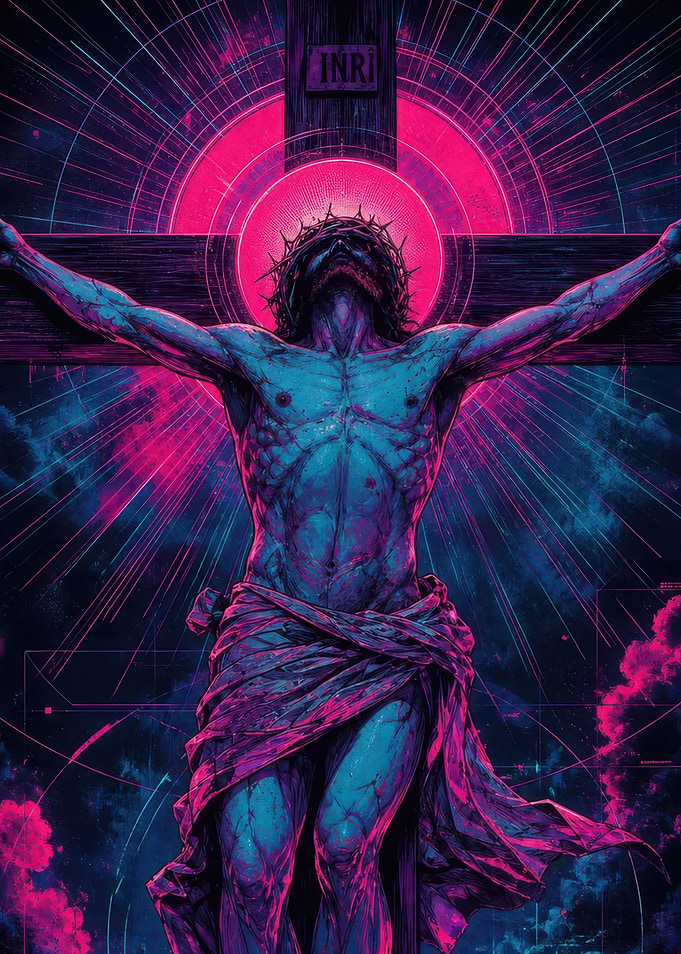 Neon Cyberpunk Crucifixion Art
