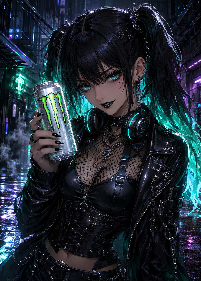 Cyberpunk Anime Girl with Monster Energy