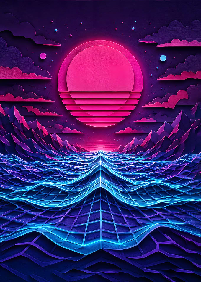 Neon Grid - Cyberpunk Synthwave Ocean Horizon