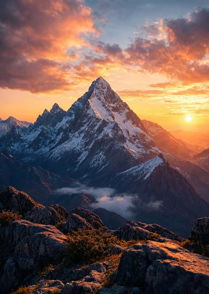 Majestic Snow-Capped Mountain at Sunset