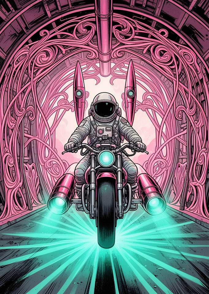 Astronaut Riding Futuristic Rocket Motorcycle
