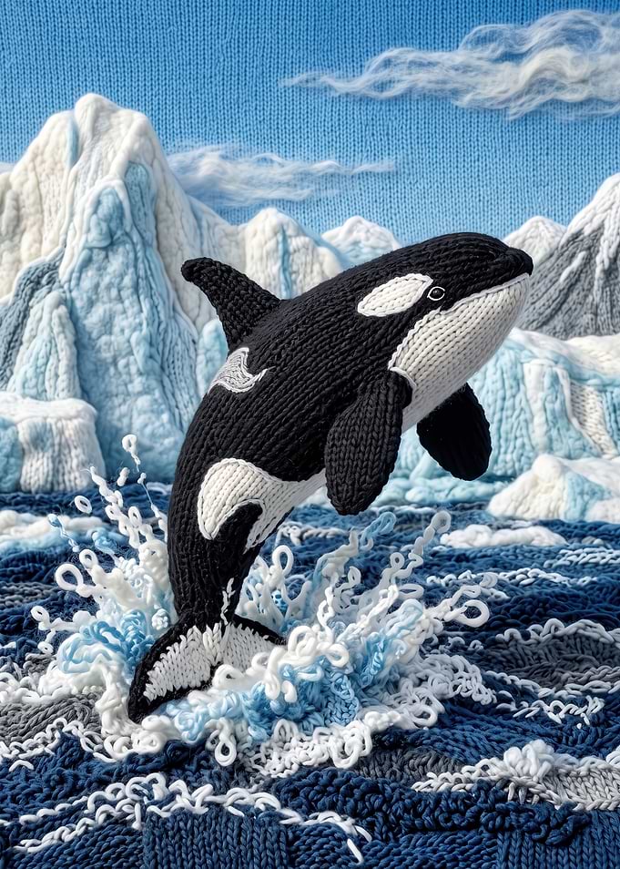 Knitted Orca Jumping in Ocean