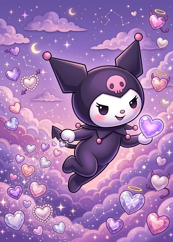 Kuromi Flying Through Magical Hearts