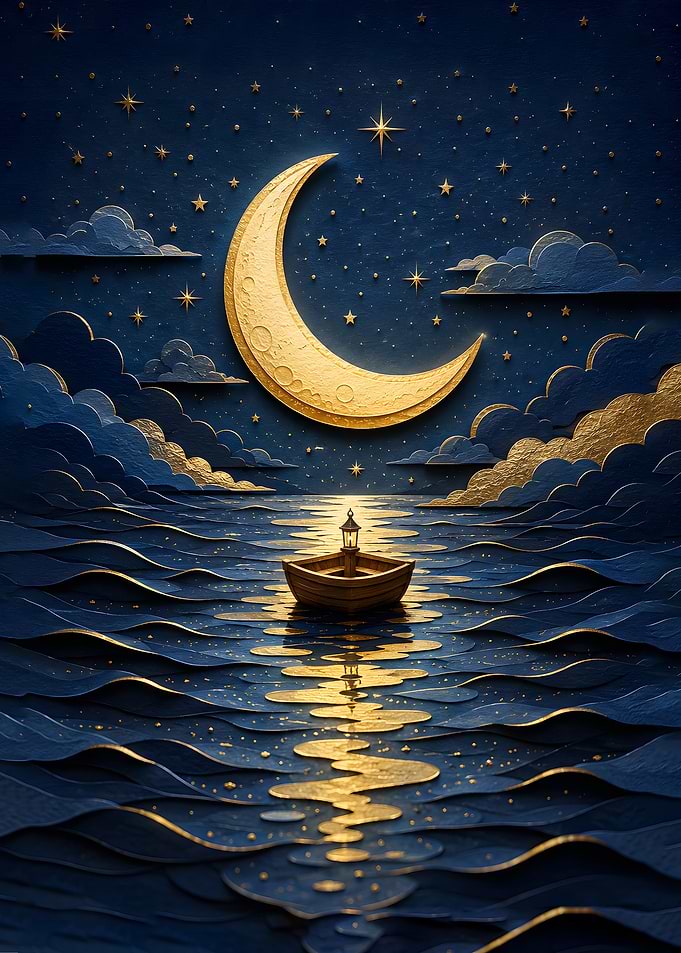 Celestial Voyage - Crescent Moon Boat in Starry Ocean