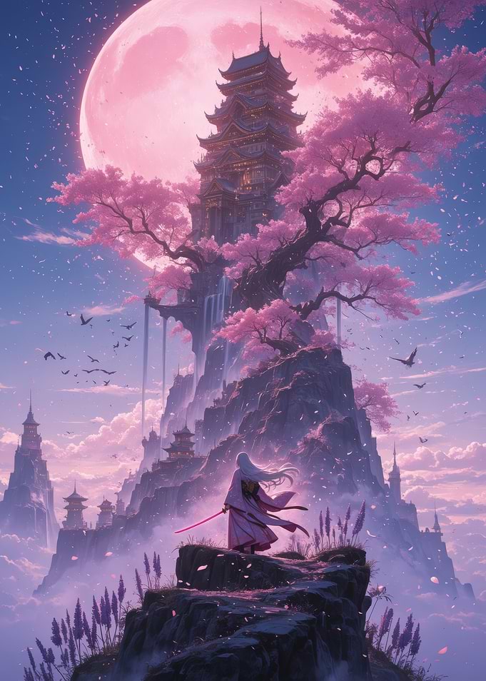 Samurai Standing Before Celestial Pagoda