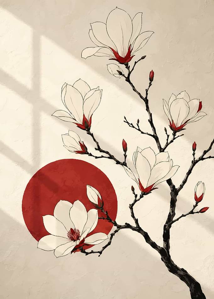 Minimalist Magnolia Branch with Red Sun