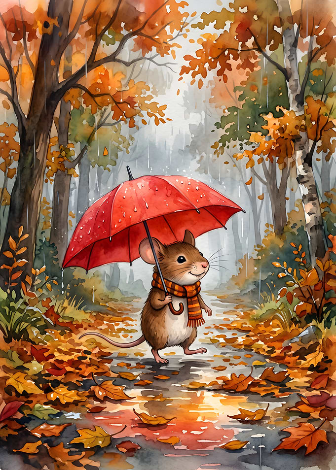 Cute Mouse Walking in Autumn Rain