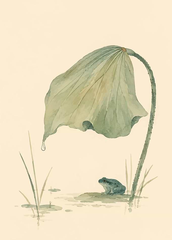 Watercolor Frog Under Lotus Leaf