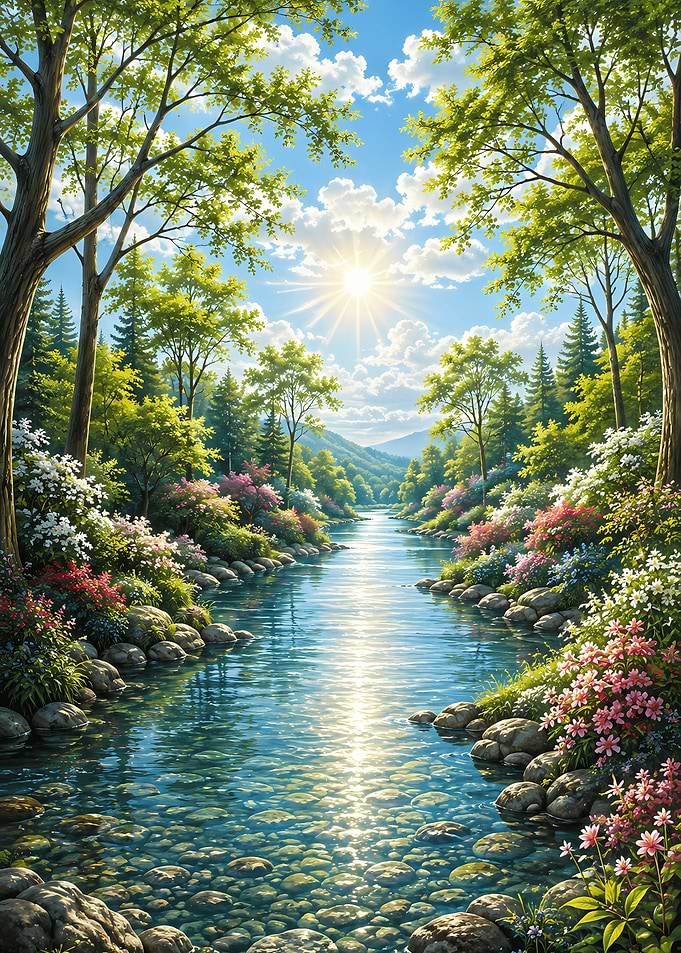 Sunlit River Through Lush Forest