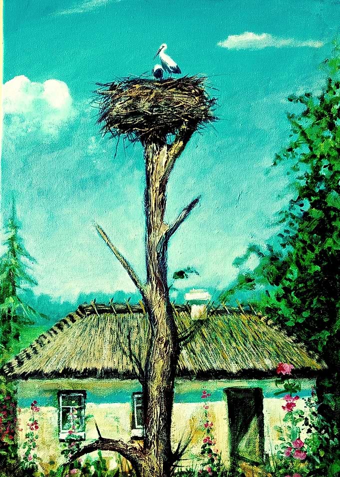 Storks Nesting Above Rural Cottage