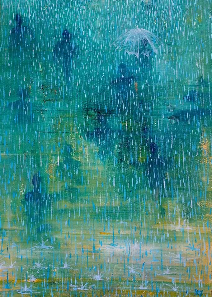 Abstract Painting of People in Rain