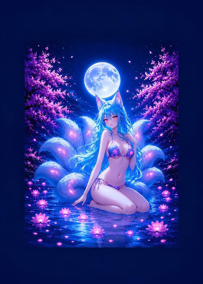 Nine-Tailed Fox Girl in Moonlight