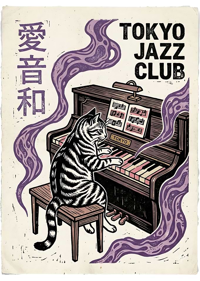 Tokyo Jazz Club Cat Piano Poster