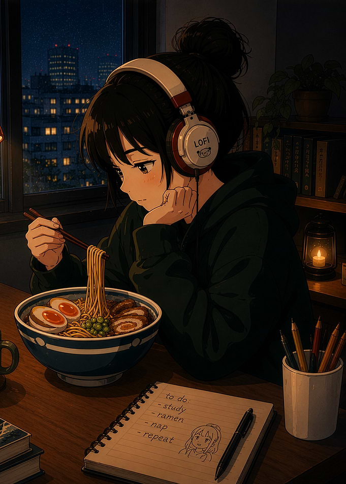Anime Girl Eating Ramen at Night